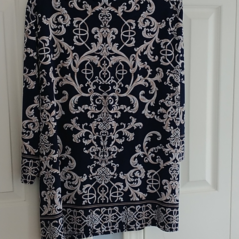 JM Collection Navy Tan Classic Print V Neck Pullover Top XL - Picture 3 of 12